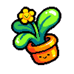 Pixel-art scene of a child watering a sprout